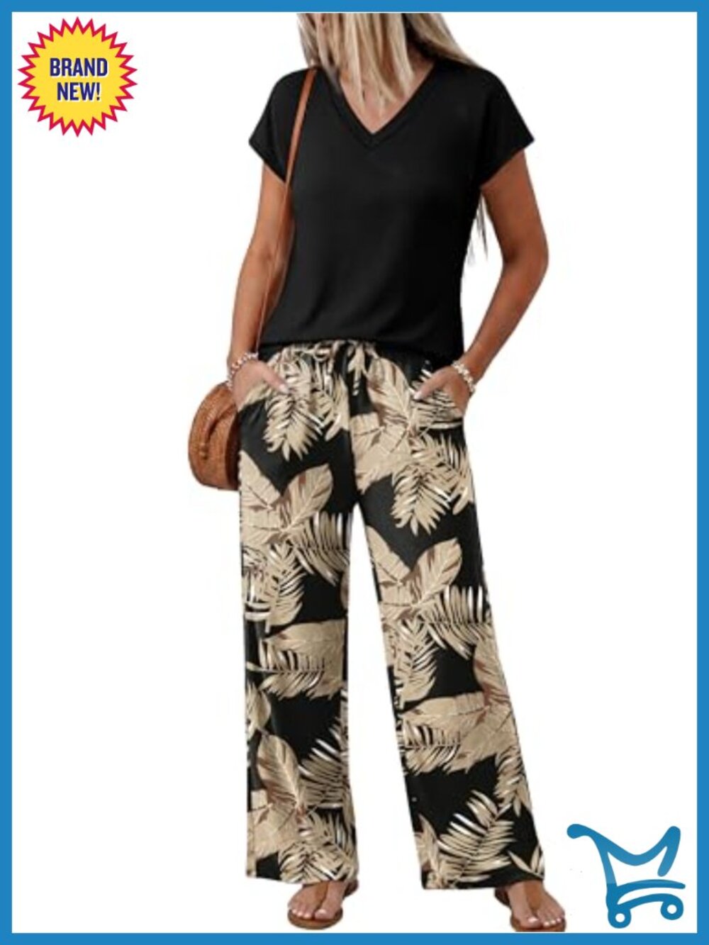 2 Piece Lounge Set V Neck Cap Sleeve Wide Leg Pants